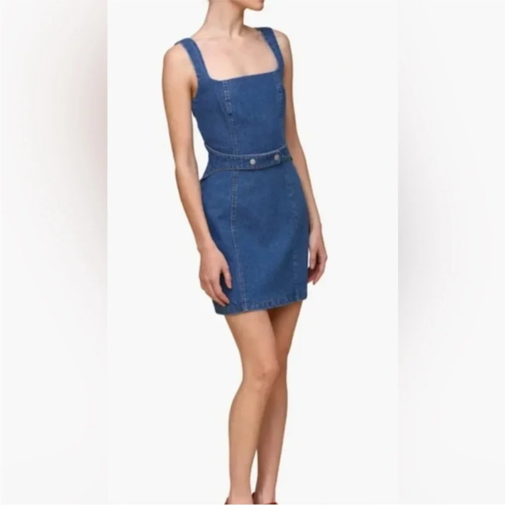 Avec Les Filles Denim Square-Neck Mini Dress in Blue - Picture 3 of 5